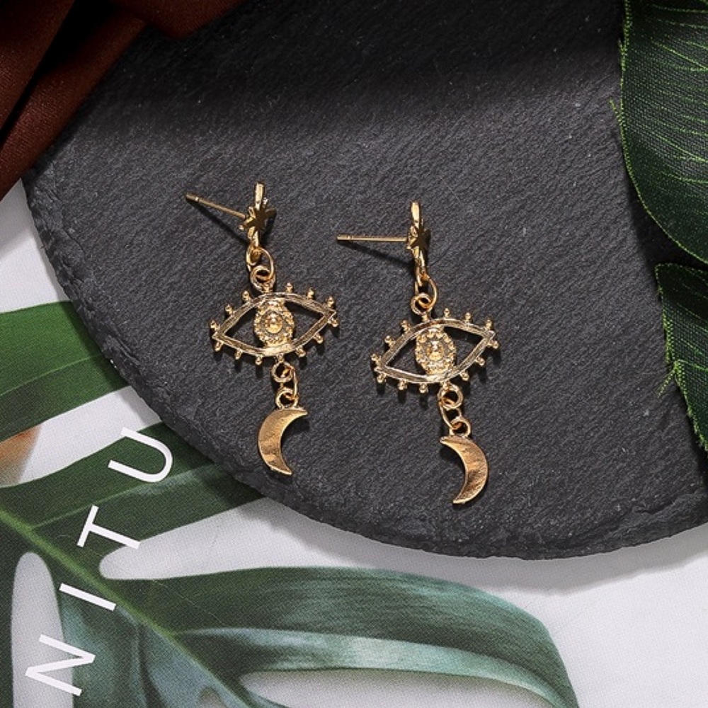 Gold Boho Eye/Moon/Star Earrings - Picture 2 of 7